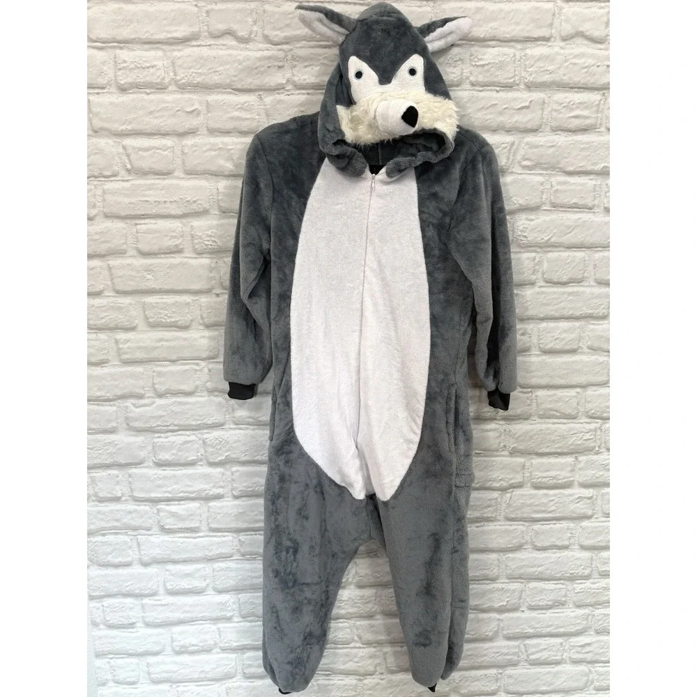 Kids Wolf One-Piece Halloween Costume Sz 6-10 Gray Warm Body Suit Fast Shipping!